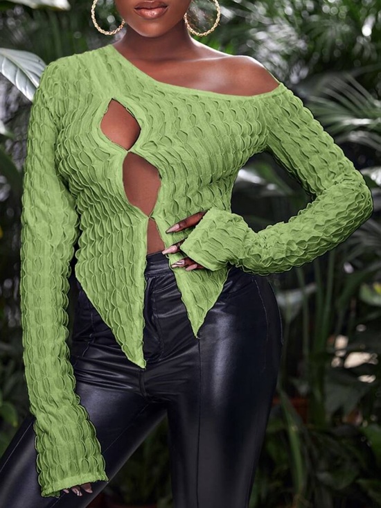 Sweaters - Green Off-Shoulder Cut-Out Textured Top - M